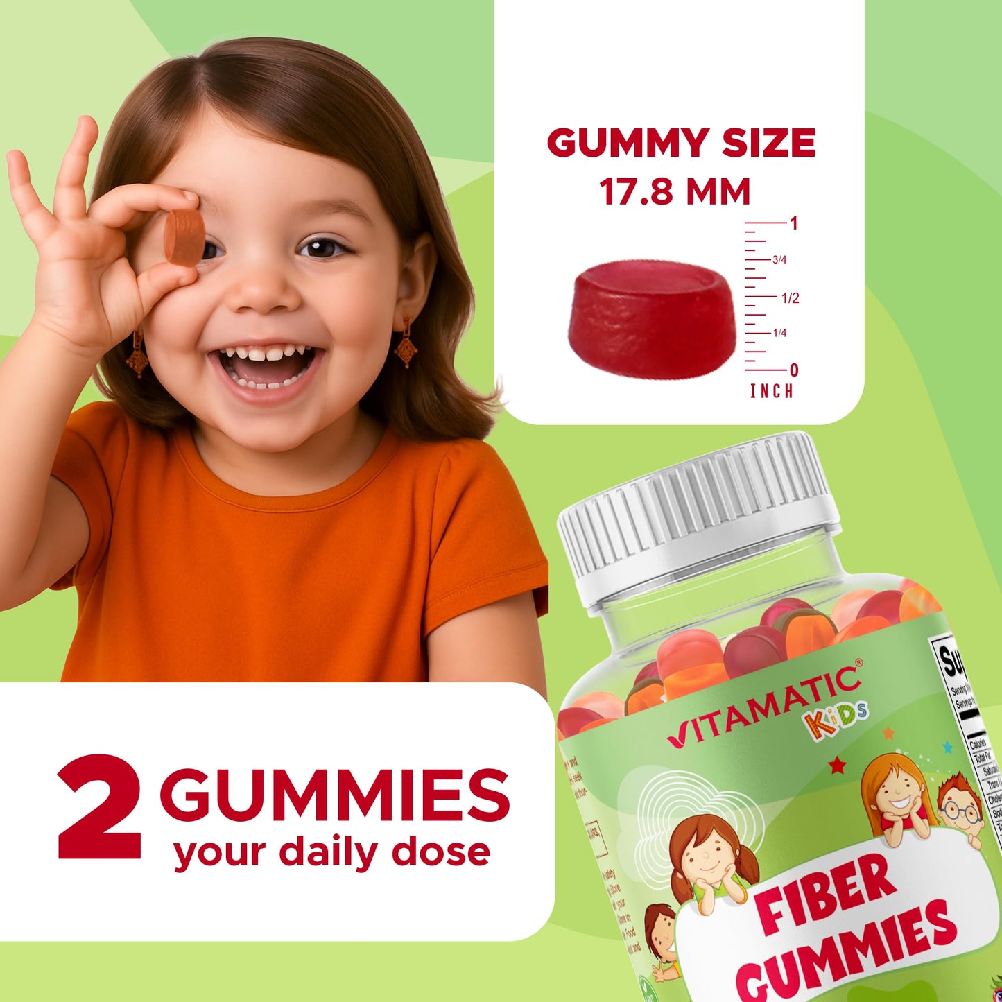 Vitamatic Kids Prebiotic Fiber Gummies – Extra Strength 4g Fiber – Zero Sugar Added – 60 Pectin-Based Gummies – Digestive Health & Regularity Support - dailyvitalstore