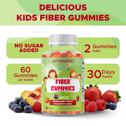 Vitamatic Kids Prebiotic Fiber Gummies – Extra Strength 4g Fiber – Zero Sugar Added – 60 Pectin-Based Gummies – Digestive Health & Regularity Support - dailyvitalstore