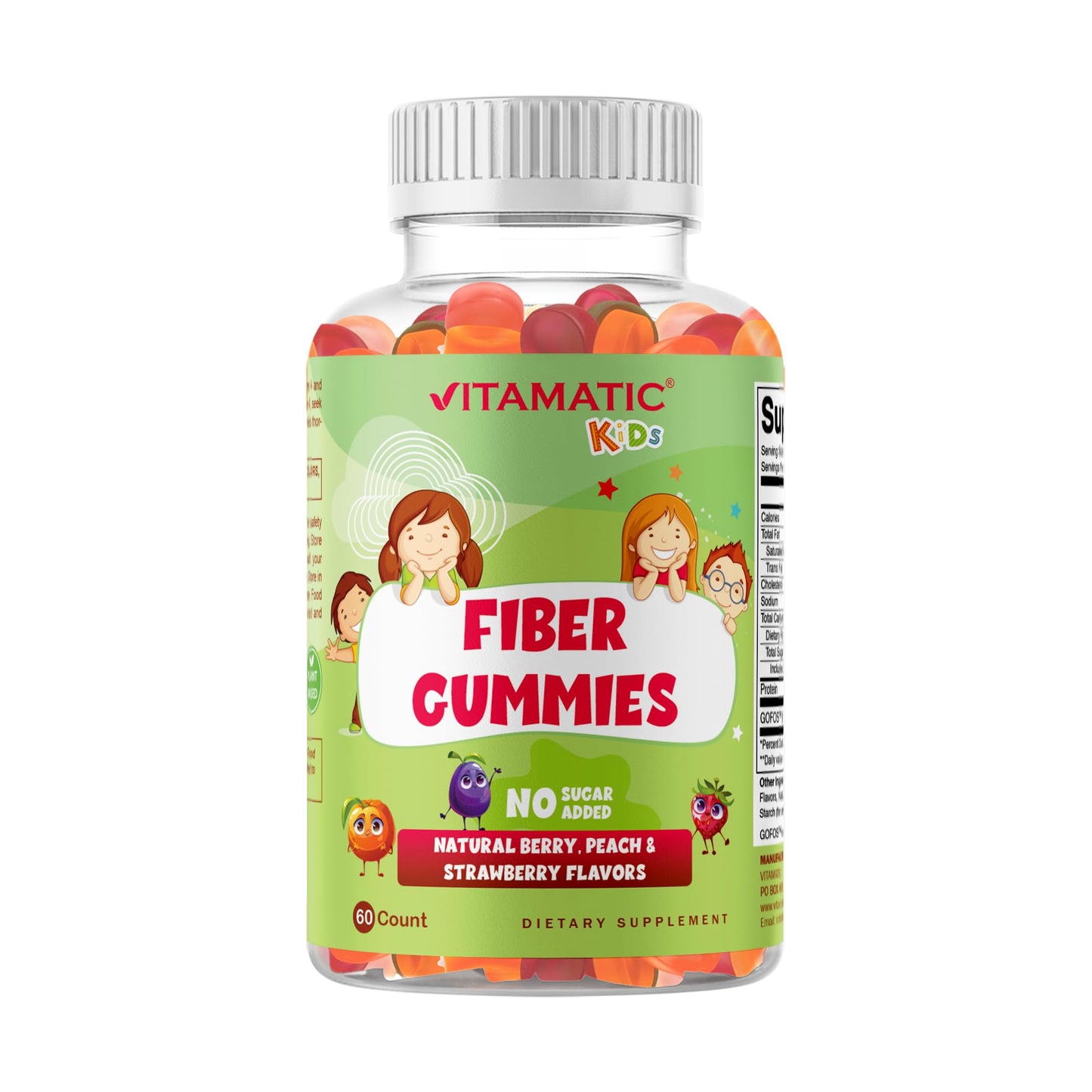 Vitamatic Kids Prebiotic Fiber Gummies – Extra Strength 4g Fiber – Zero Sugar Added – 60 Pectin-Based Gummies – Digestive Health & Regularity Support - dailyvitalstore
