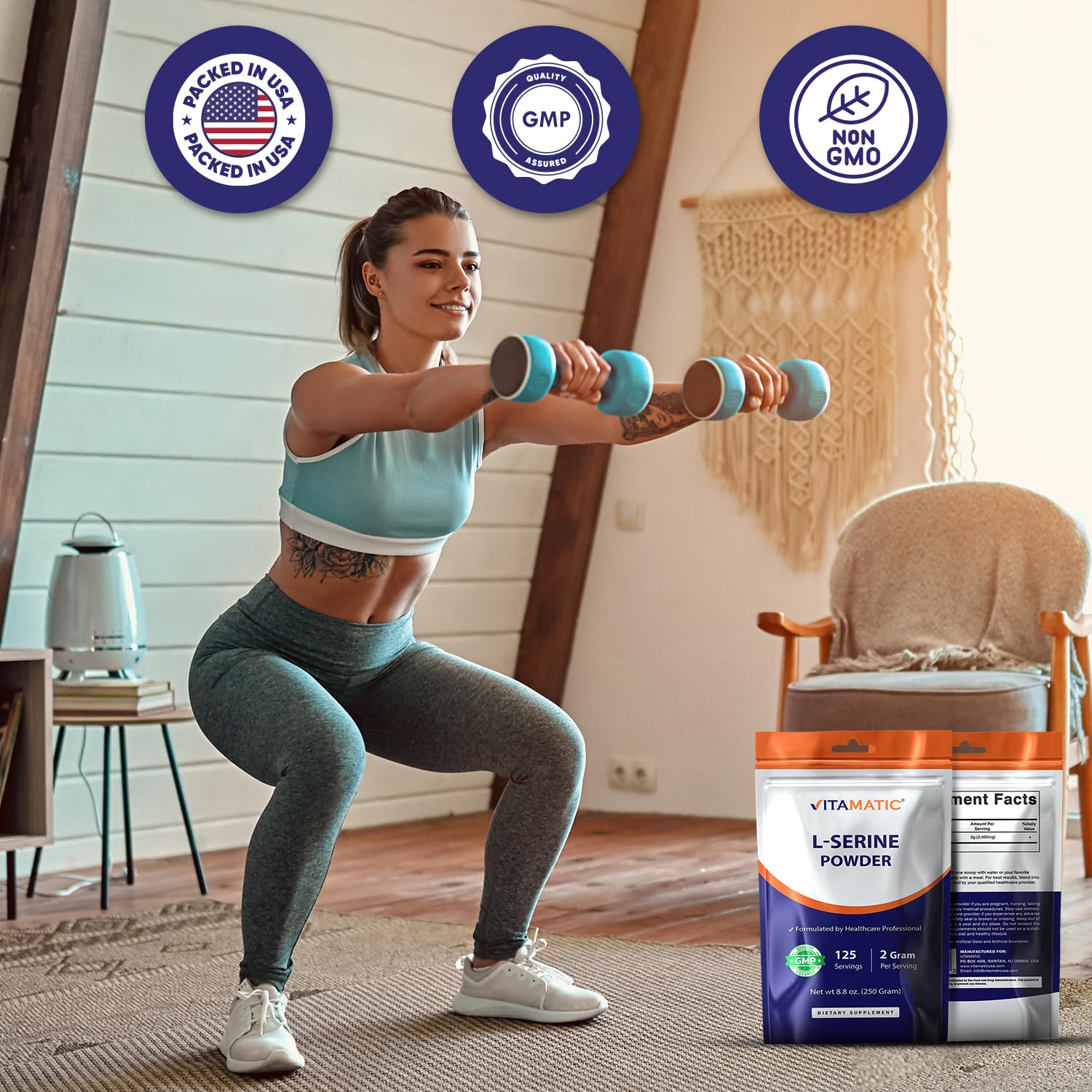 Vitamatic L-Serine Pure Powder 250 Gram | 2000 mg per Serving | 125 Servings | Unflavored | No Additives | Free of Soy, Eggs, Fish & Artificial Ingredients - dailyvitalstore