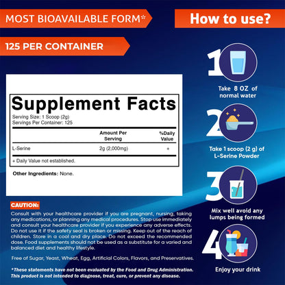 Vitamatic L-Serine Pure Powder 250 Gram | 2000 mg per Serving | 125 Servings | Unflavored | No Additives | Free of Soy, Eggs, Fish & Artificial Ingredients - dailyvitalstore