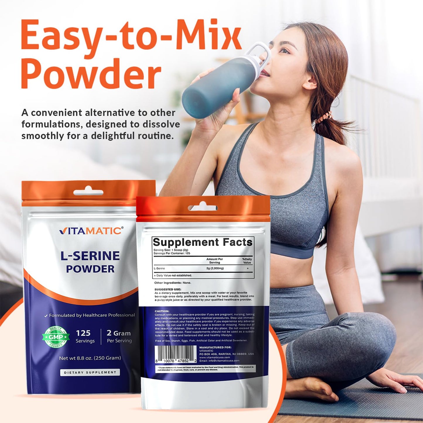 Vitamatic L-Serine Pure Powder 250 Gram | 2000 mg per Serving | 125 Servings | Unflavored | No Additives | Free of Soy, Eggs, Fish & Artificial Ingredients - dailyvitalstore