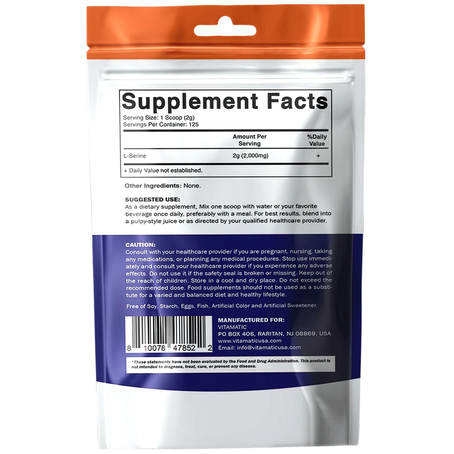 Vitamatic L-Serine Pure Powder 250 Gram | 2000 mg per Serving | 125 Servings | Unflavored | No Additives | Free of Soy, Eggs, Fish & Artificial Ingredients - dailyvitalstore