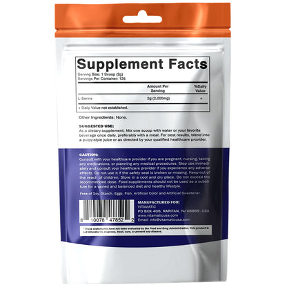 Vitamatic L-Serine Pure Powder 250 Gram | 2000 mg per Serving | 125 Servings | Unflavored | No Additives | Free of Soy, Eggs, Fish & Artificial Ingredients - dailyvitalstore