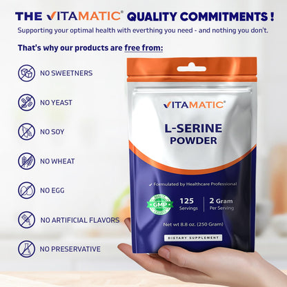 Vitamatic L-Serine Pure Powder 250 Gram | 2000 mg per Serving | 125 Servings | Unflavored | No Additives | Free of Soy, Eggs, Fish & Artificial Ingredients - dailyvitalstore