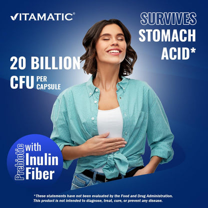 Vitamatic Lactobacillus Plantarum - 20 Billion per DR Capsule - 60 Count - Digestive Support - Made with Prebiotic Inulin Fiber - dailyvitalstore