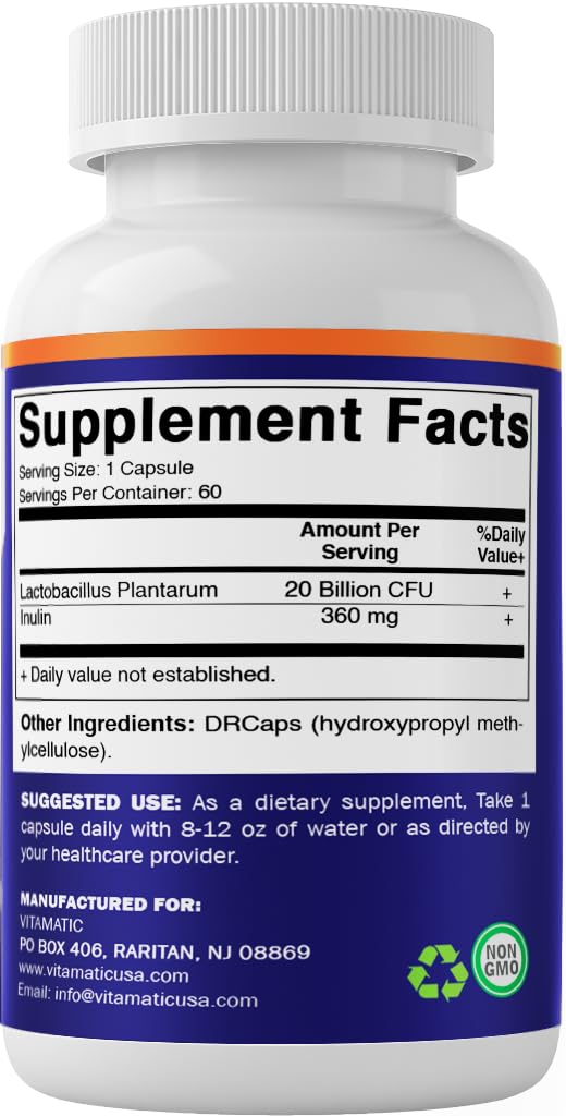 Vitamatic Lactobacillus Plantarum - 20 Billion per DR Capsule - 60 Count - Digestive Support - Made with Prebiotic Inulin Fiber - dailyvitalstore