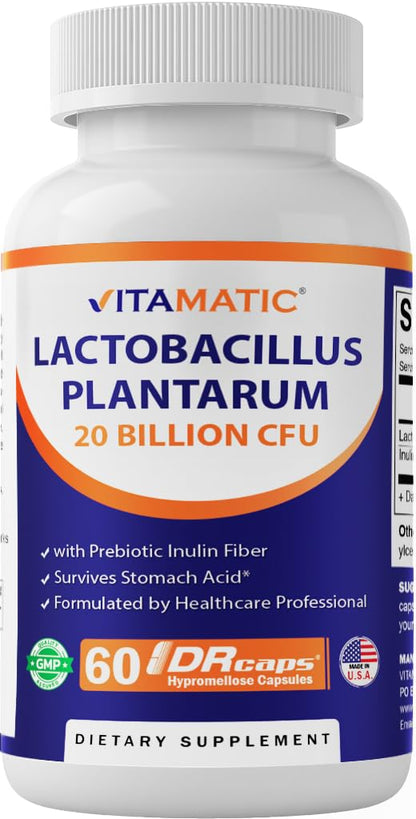 Vitamatic Lactobacillus Plantarum - 20 Billion per DR Capsule - 60 Count - Digestive Support - Made with Prebiotic Inulin Fiber - dailyvitalstore