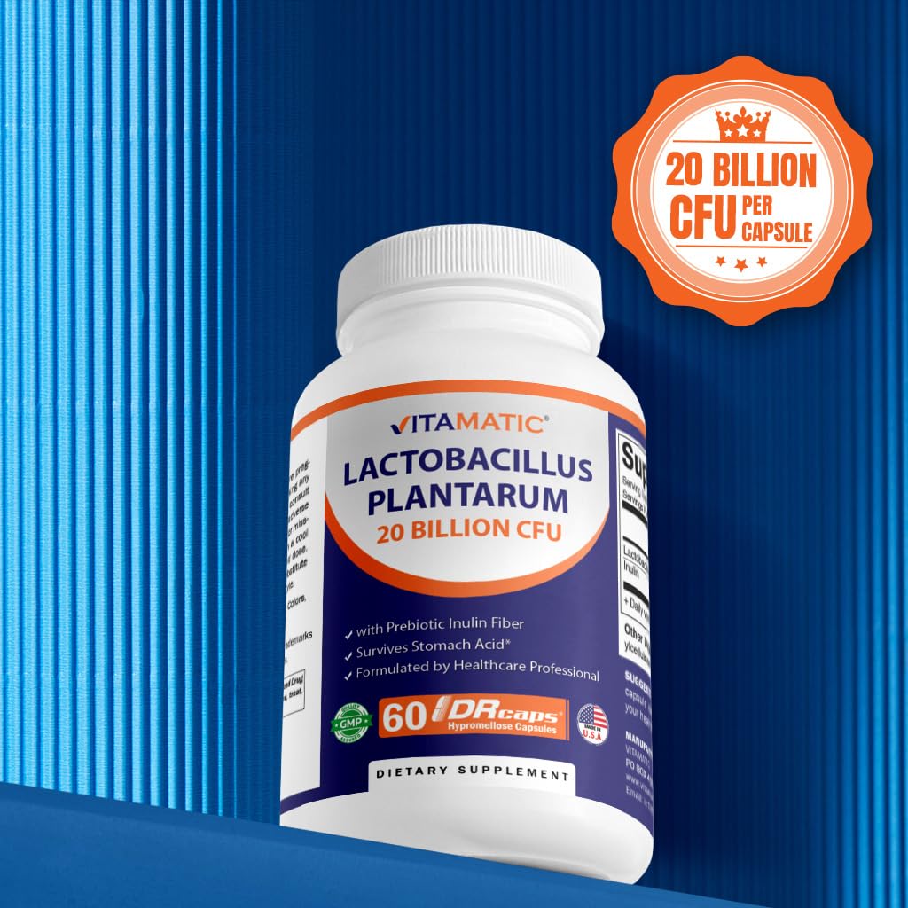 Vitamatic Lactobacillus Plantarum - 20 Billion per DR Capsule - 60 Count - Digestive Support - Made with Prebiotic Inulin Fiber - dailyvitalstore