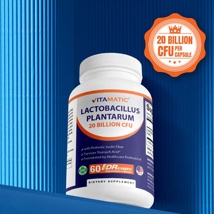 Vitamatic Lactobacillus Plantarum - 20 Billion per DR Capsule - 60 Count - Digestive Support - Made with Prebiotic Inulin Fiber - dailyvitalstore