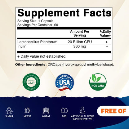 Vitamatic Lactobacillus Plantarum - 20 Billion per DR Capsule - 60 Count - Digestive Support - Made with Prebiotic Inulin Fiber - dailyvitalstore