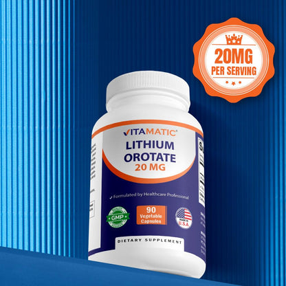 Vitamatic Lithium Orotate 20mg, 90 Capsules - Veggie Caps, Non-GMO, Gluten Free - dailyvitalstore