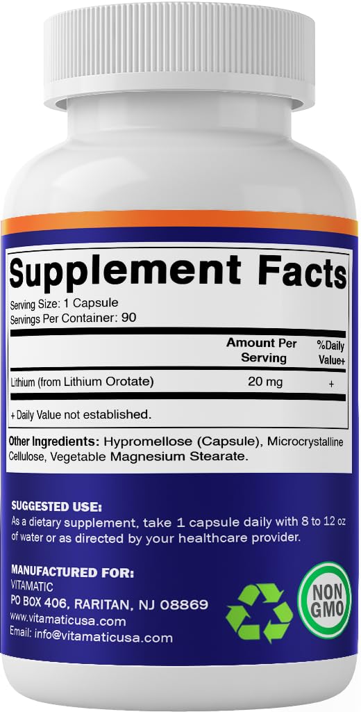 Vitamatic Lithium Orotate 20mg, 90 Capsules - Veggie Caps, Non-GMO, Gluten Free - dailyvitalstore