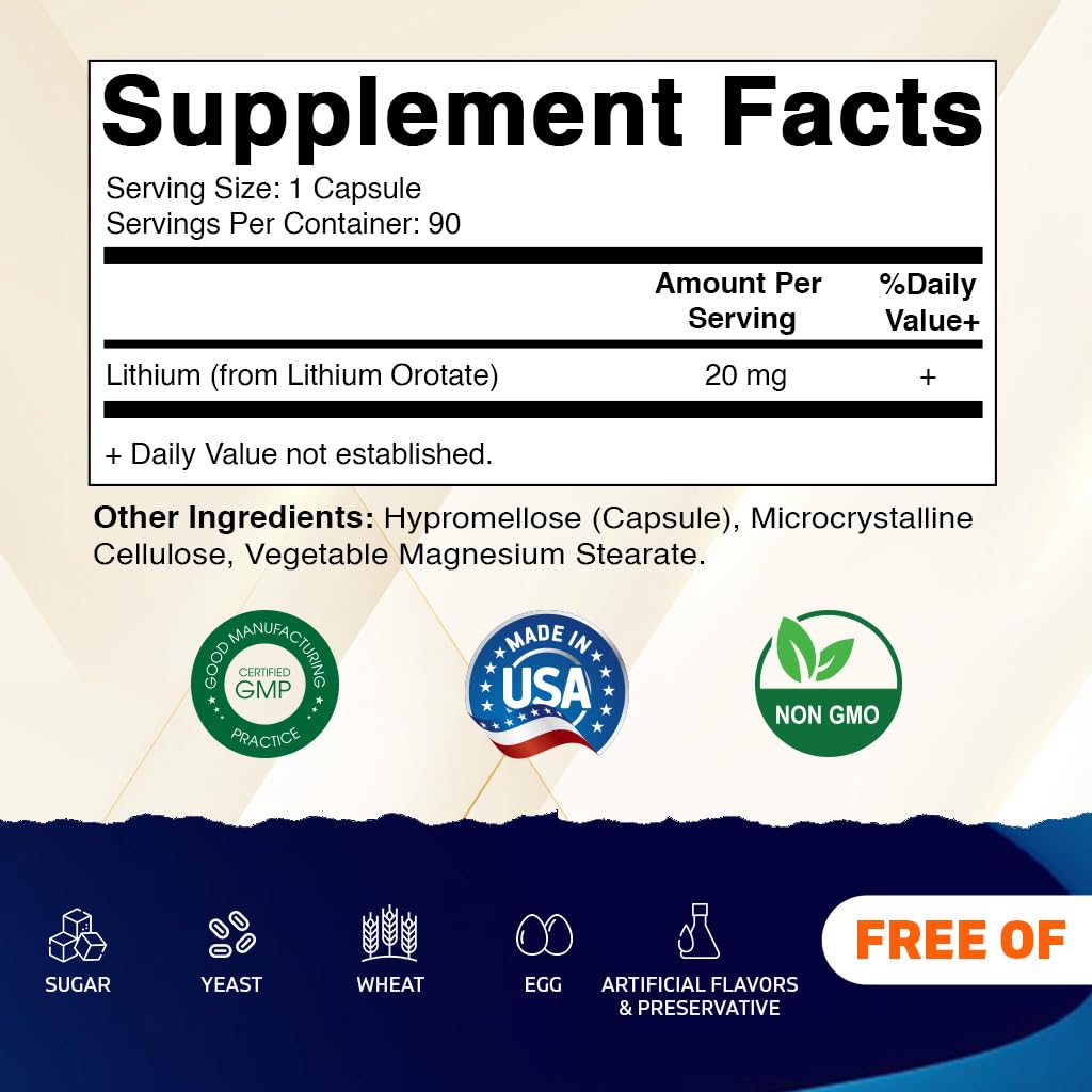 Vitamatic Lithium Orotate 20mg, 90 Capsules - Veggie Caps, Non-GMO, Gluten Free - dailyvitalstore