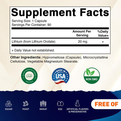 Vitamatic Lithium Orotate 20mg, 90 Capsules - Veggie Caps, Non-GMO, Gluten Free - dailyvitalstore