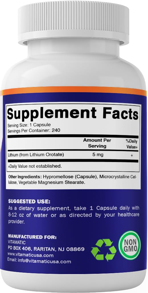 Vitamatic Lithium Orotate 5mg, 240 Veggie Capsules, Non-GMO, Gluten Free. - dailyvitalstore