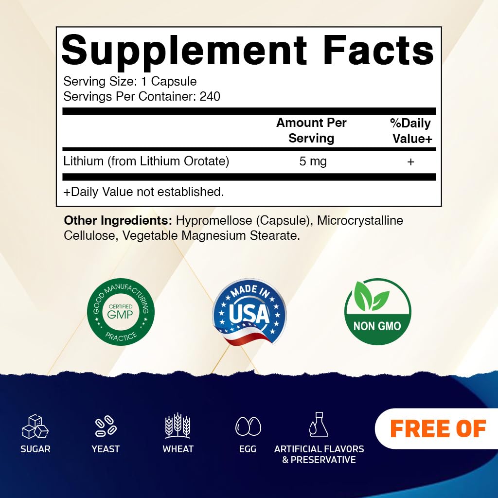 Vitamatic Lithium Orotate 5mg, 240 Veggie Capsules, Non-GMO, Gluten Free. - dailyvitalstore