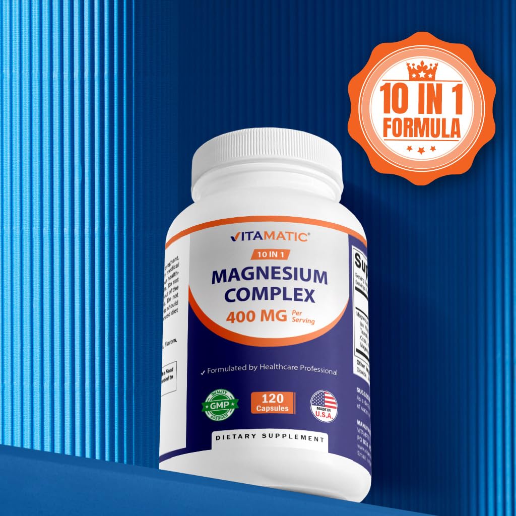 Vitamatic Magnesium Complex, 400mg Elemental MG (as Bisglycinate, Citrate, Taurate, Malate, Aspartate, Oxide, Gluconate, Lysinate Glycinate, Orotate, Succinate) - 120 Capsules per Pack - 2 Pack - dailyvitalstore