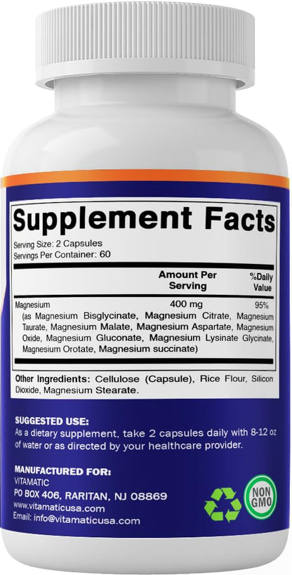 Vitamatic Magnesium Complex, 400mg Elemental MG (as Bisglycinate, Citrate, Taurate, Malate, Aspartate, Oxide, Gluconate, Lysinate Glycinate, Orotate, Succinate) - 120 Capsules per Pack - 2 Pack - dailyvitalstore