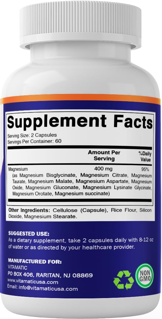 Vitamatic Magnesium Complex, 400mg Elemental MG (as Bisglycinate, Citrate, Taurate, Malate, Aspartate, Oxide, Gluconate, Lysinate Glycinate, Orotate, Succinate) – 120 Capsules - dailyvitalstore