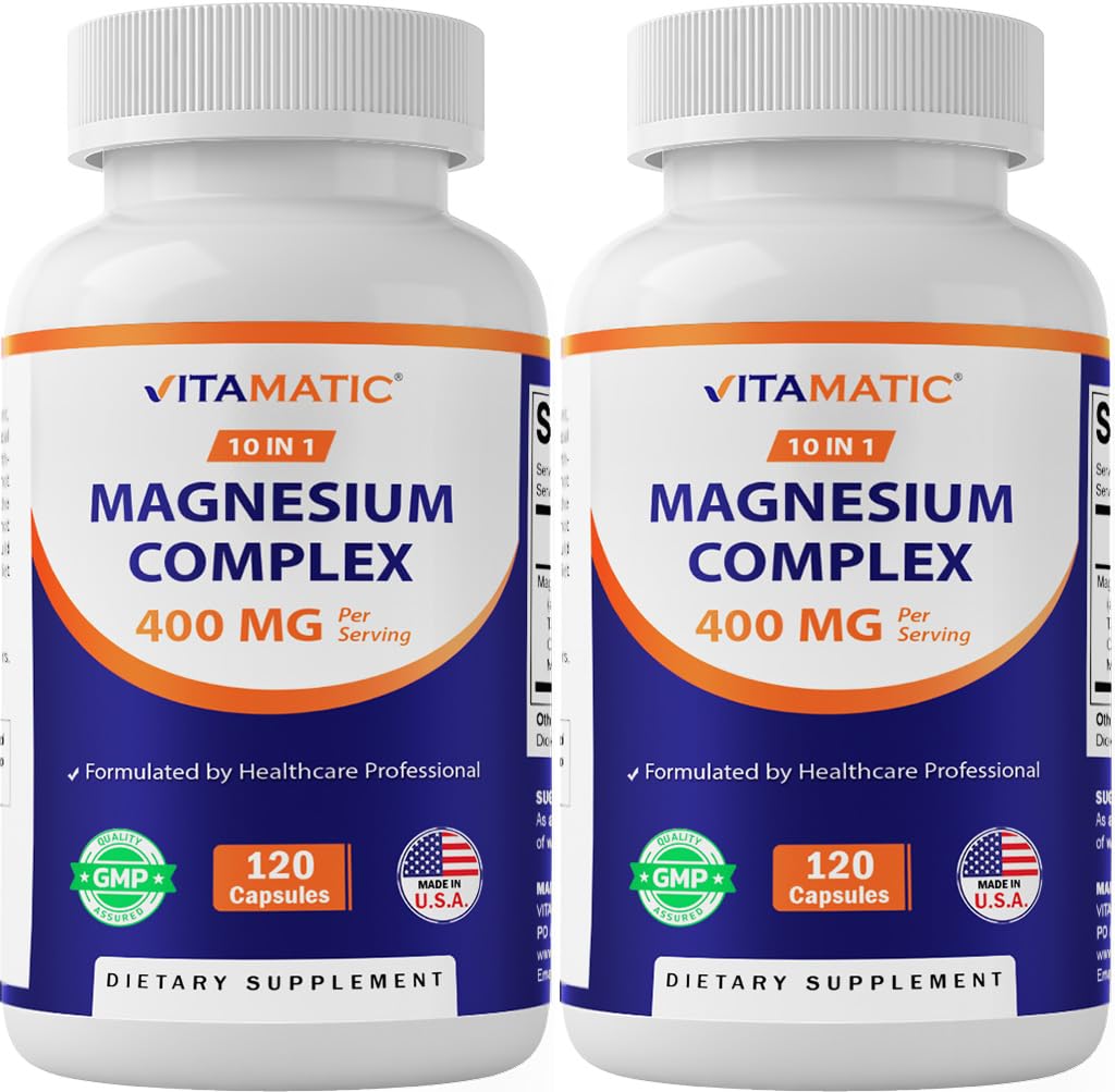 Vitamatic Magnesium Complex, 400mg Elemental MG (as Bisglycinate, Citrate, Taurate, Malate, Aspartate, Oxide, Gluconate, Lysinate Glycinate, Orotate, Succinate) - 120 Capsules per Pack - 2 Pack - dailyvitalstore