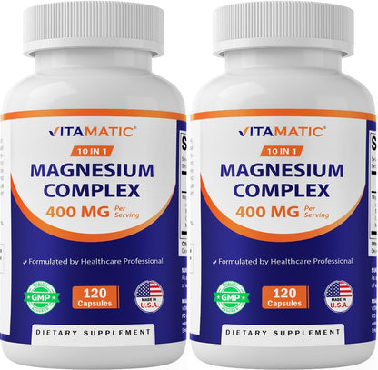 Vitamatic Magnesium Complex, 400mg Elemental MG (as Bisglycinate, Citrate, Taurate, Malate, Aspartate, Oxide, Gluconate, Lysinate Glycinate, Orotate, Succinate) - 120 Capsules per Pack - 2 Pack - dailyvitalstore