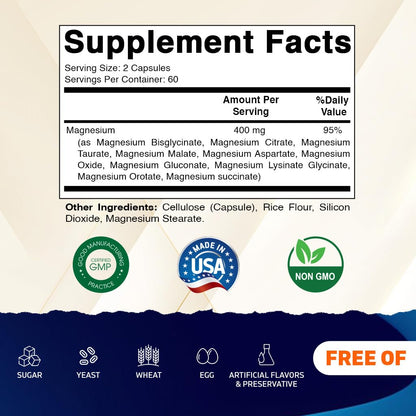 Vitamatic Magnesium Complex, 400mg Elemental MG (as Bisglycinate, Citrate, Taurate, Malate, Aspartate, Oxide, Gluconate, Lysinate Glycinate, Orotate, Succinate) - 120 Capsules per Pack - 2 Pack - dailyvitalstore