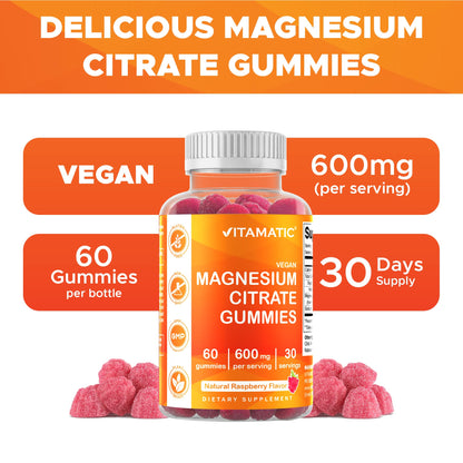 Vitamatic Magnesium Gummies 600mg per Serving – 60 Vegan Gummies – Relaxation, Muscle, Bone & Energy Support – 3 Pack - dailyvitalstore