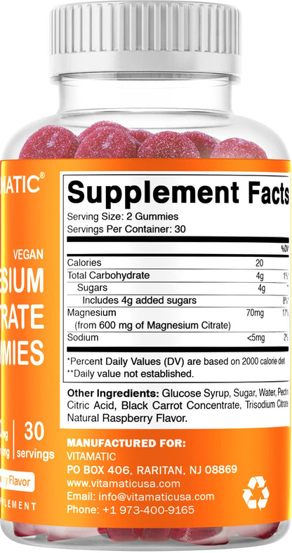 Vitamatic Magnesium Gummies 600mg per Serving – 60 Vegan Gummies – Relaxation, Muscle, Bone & Energy Support – 3 Pack - dailyvitalstore