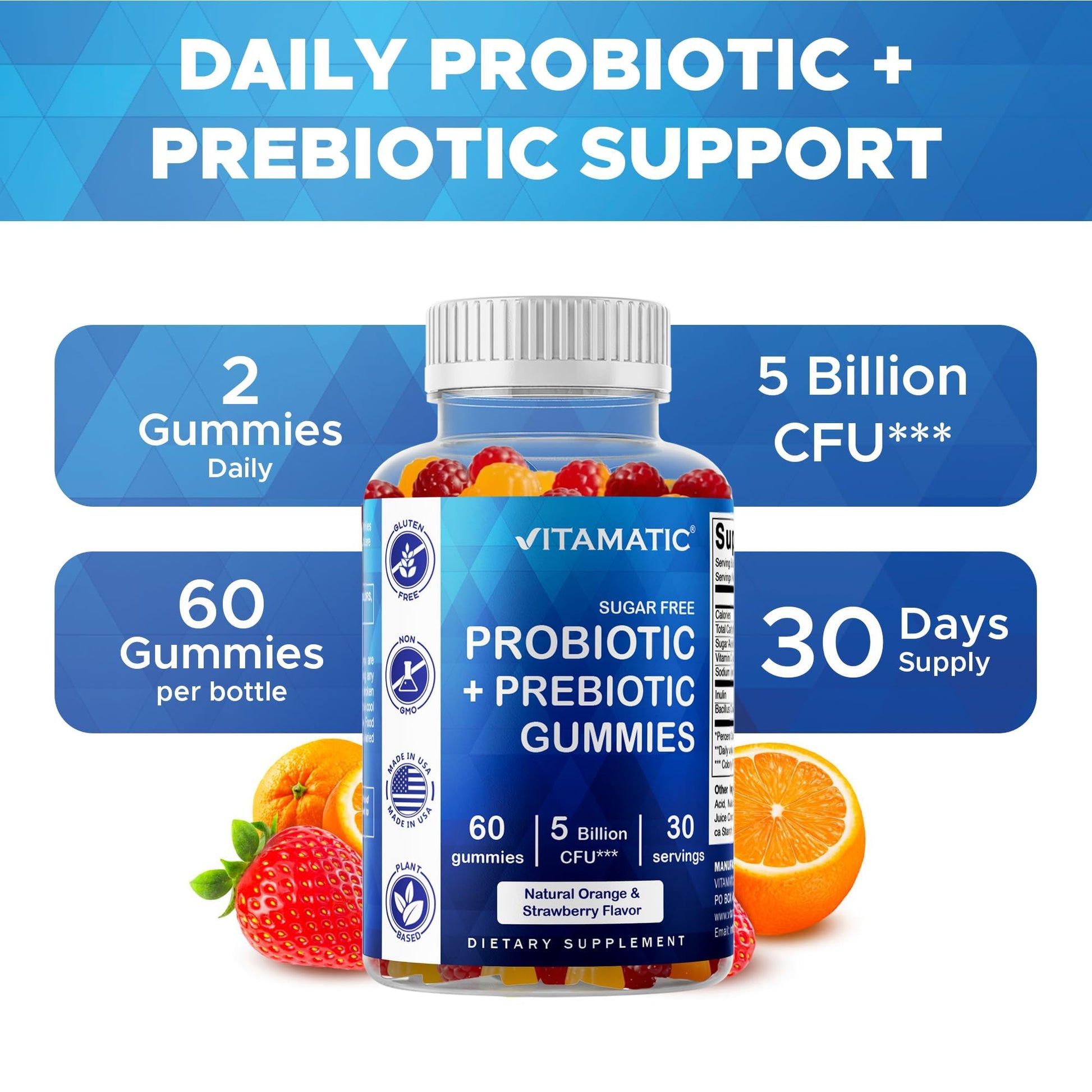 Vitamatic Probiotic Sugar Free Gummies for Men and Women – 5 Billion CFUs Digestive, Immune & Gut Health Support – Gluten Free - dailyvitalstore
