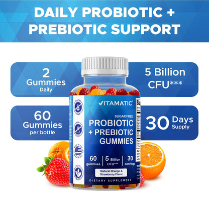 Vitamatic Probiotic Sugar Free Gummies for Men and Women – 5 Billion CFUs Digestive, Immune & Gut Health Support – Gluten Free - dailyvitalstore