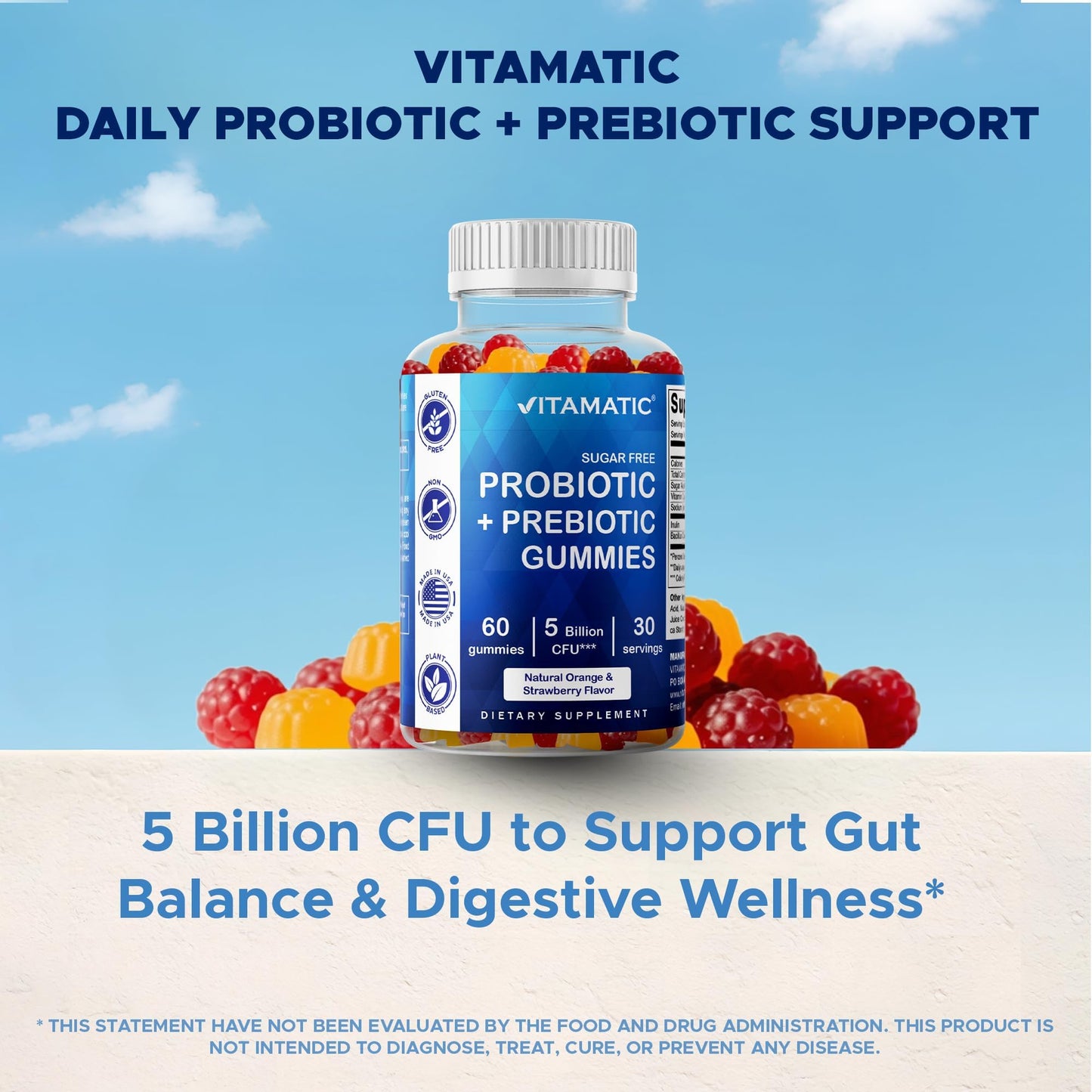 Vitamatic Probiotic Sugar Free Gummies for Men and Women – 5 Billion CFUs Digestive, Immune & Gut Health Support – Gluten Free - dailyvitalstore