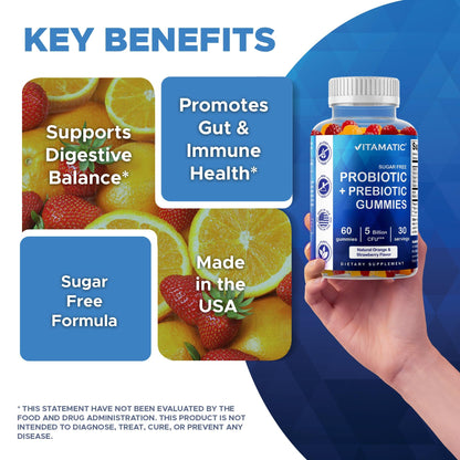 Vitamatic Probiotic Sugar Free Gummies for Men and Women – 5 Billion CFUs Digestive, Immune & Gut Health Support – Gluten Free - dailyvitalstore
