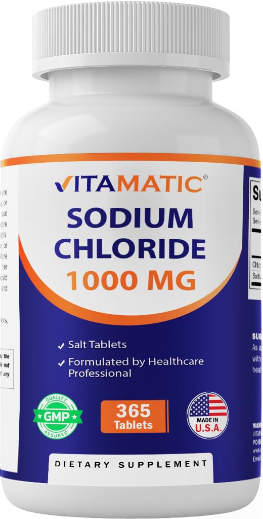 Vitamatic Sodium Chloride 1000mg – 365 Tablets Electrolyte Replenisher & Hydration Support – Non-GMO, Gluten-Free - dailyvitalstore