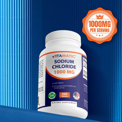 Vitamatic Sodium Chloride 1000mg – 365 Tablets Electrolyte Replenisher & Hydration Support – Non-GMO, Gluten-Free - dailyvitalstore