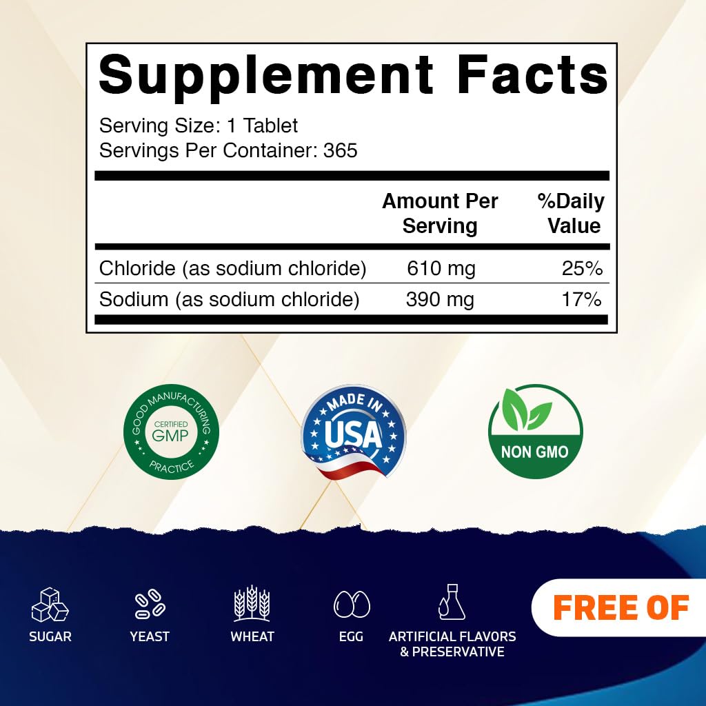 Vitamatic Sodium Chloride 1000mg – 365 Tablets Electrolyte Replenisher & Hydration Support – Non-GMO, Gluten-Free - dailyvitalstore