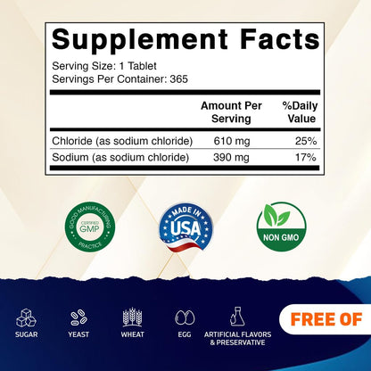 Vitamatic Sodium Chloride 1000mg – 365 Tablets Electrolyte Replenisher & Hydration Support – Non-GMO, Gluten-Free - dailyvitalstore