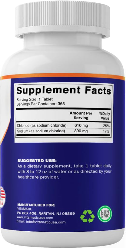 Vitamatic Sodium Chloride 1000mg – 365 Tablets Electrolyte Replenisher & Hydration Support – Non-GMO, Gluten-Free - dailyvitalstore