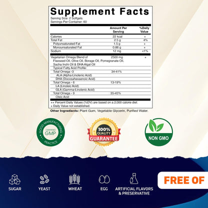 Vitamatic Vegan Omega 3-6-9 Complex 1250mg | Flaxseed, Olive, Borage & Algae Oils | Plant-Based Omegas | 120 Softgels - dailyvitalstore