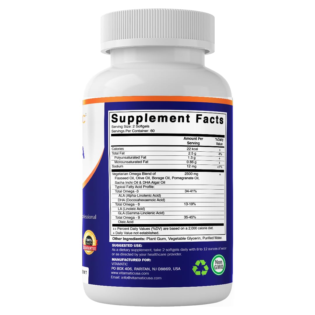 Vitamatic Vegan Omega 3-6-9 Complex 1250mg | Flaxseed, Olive, Borage & Algae Oils | Plant-Based Omegas | 120 Softgels - dailyvitalstore