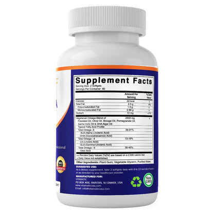 Vitamatic Vegan Omega 3-6-9 Complex 1250mg | Flaxseed, Olive, Borage & Algae Oils | Plant-Based Omegas | 120 Softgels - dailyvitalstore
