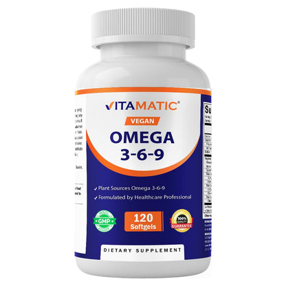Vitamatic Vegan Omega 3-6-9 Complex 1250mg | Flaxseed, Olive, Borage & Algae Oils | Plant-Based Omegas | 120 Softgels - dailyvitalstore