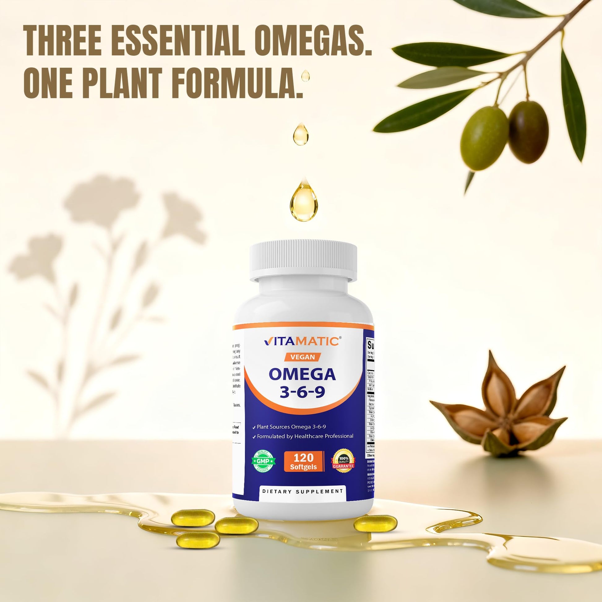 Vitamatic Vegan Omega 3-6-9 Complex 1250mg | Flaxseed, Olive, Borage & Algae Oils | Plant-Based Omegas | 120 Softgels - dailyvitalstore