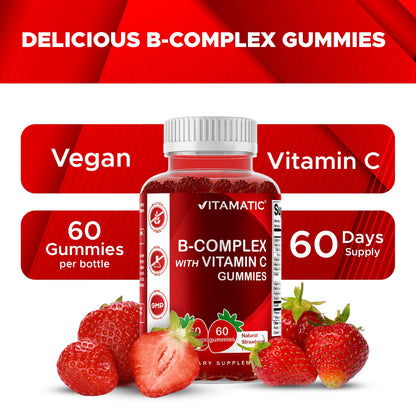 Vitamatic Vitamin B Complex Gummies with Vitamin C & Inositol - Natural Strawberry Flavor - 60 Gummies (1 Bottle) - dailyvitalstore