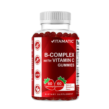 Vitamatic Vitamin B Complex Gummies with Vitamin C & Inositol - Natural Strawberry Flavor - 60 Gummies (1 Bottle) - dailyvitalstore