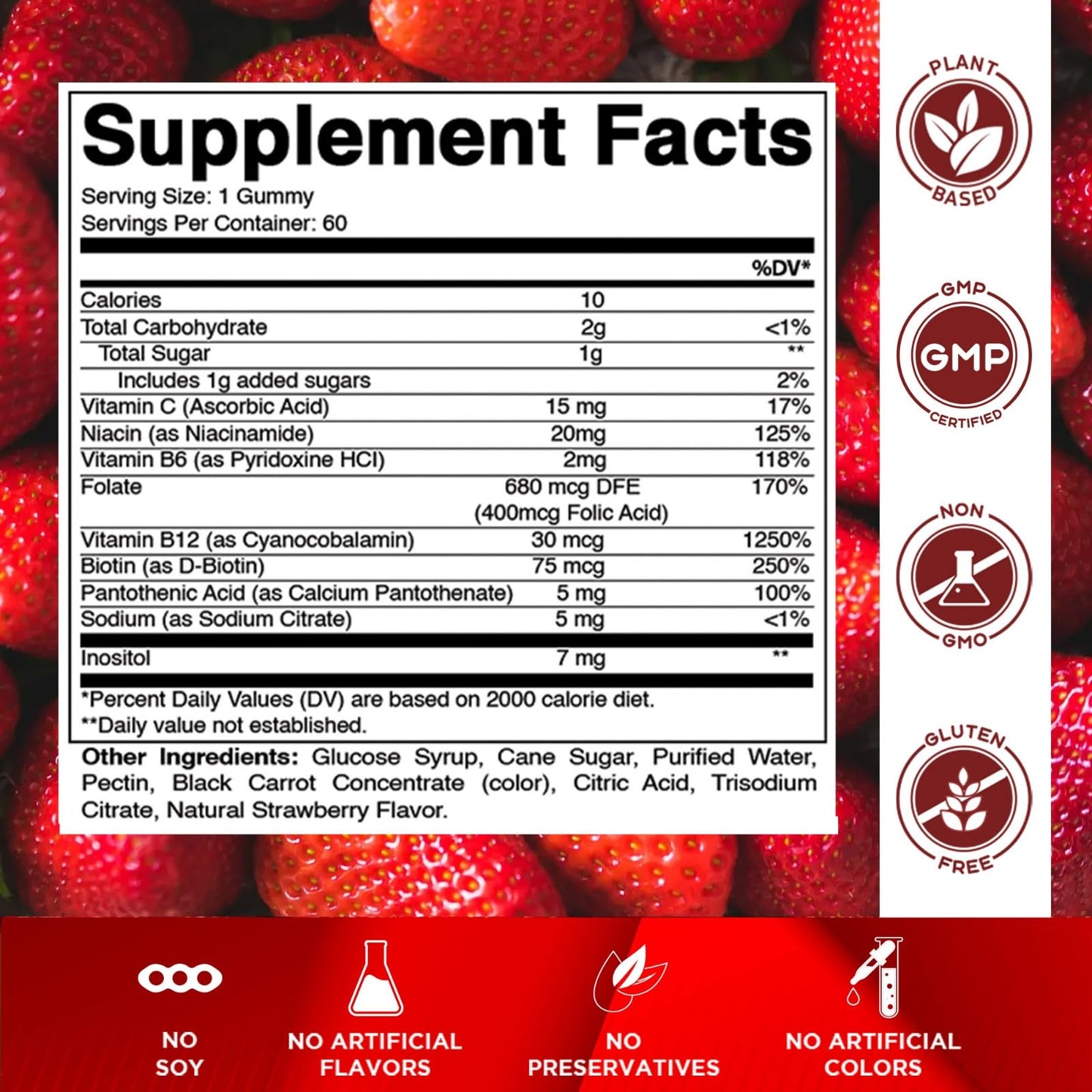 Vitamatic Vitamin B Complex Gummies with Vitamin C & Inositol - Natural Strawberry Flavor - 60 Gummies (1 Bottle) - dailyvitalstore