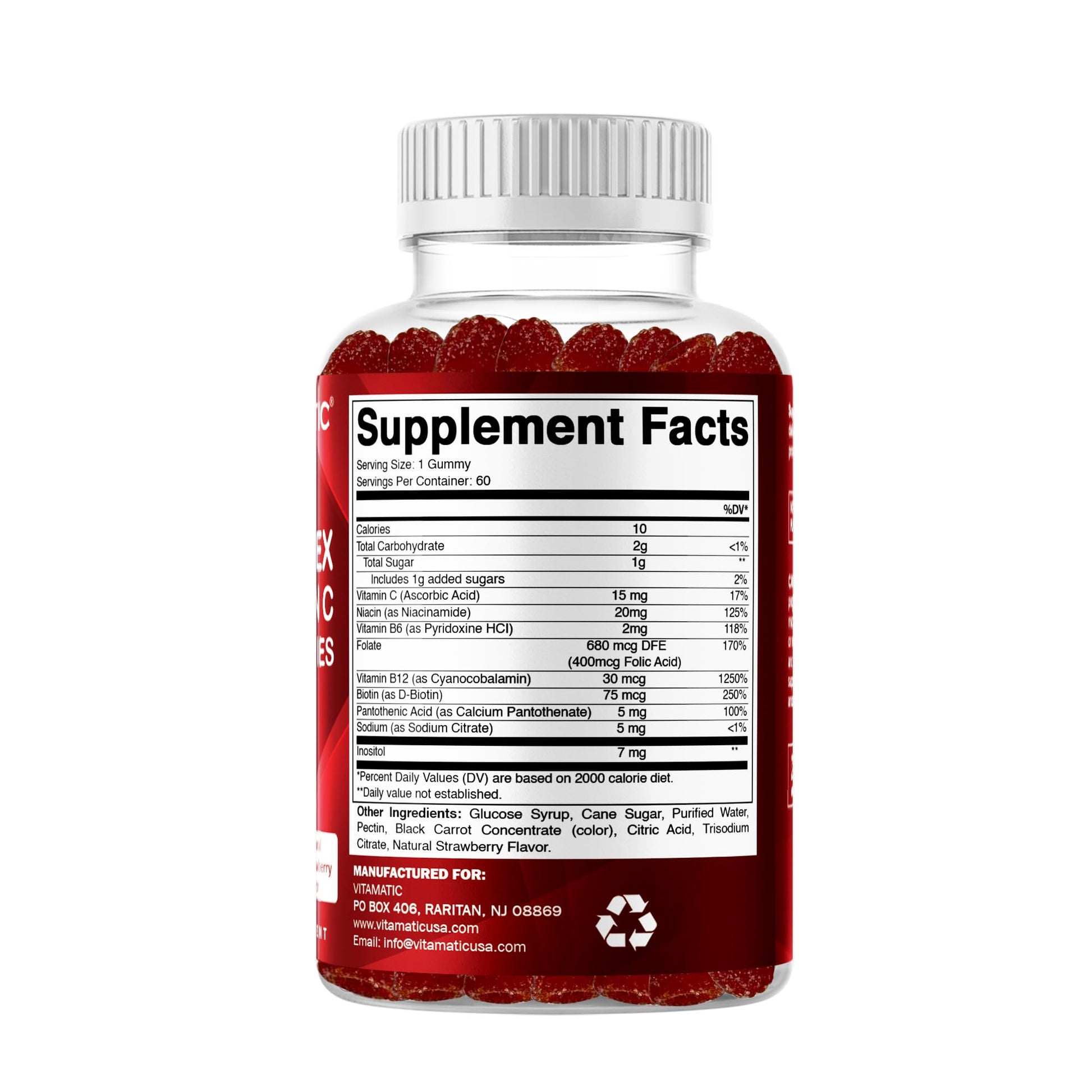 Vitamatic Vitamin B Complex Gummies with Vitamin C & Inositol - Natural Strawberry Flavor - 60 Gummies (1 Bottle) - dailyvitalstore