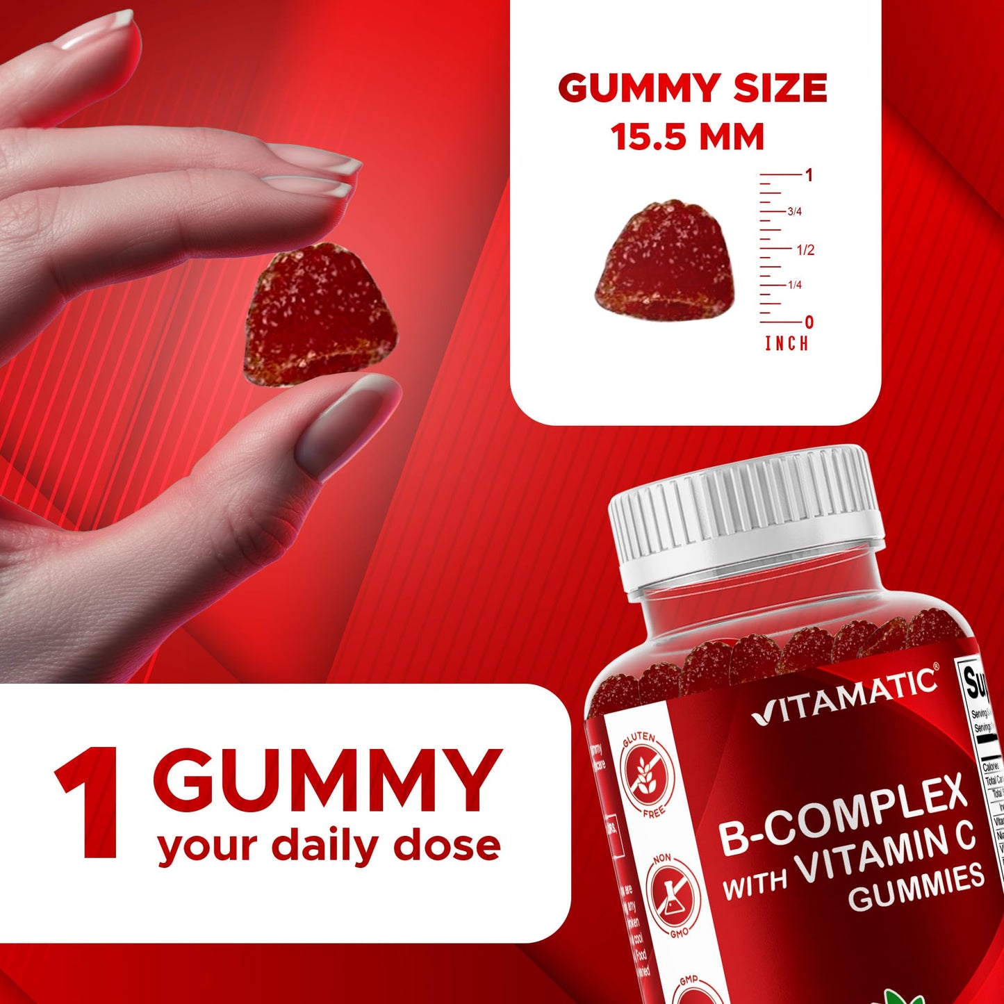 Vitamatic Vitamin B Complex Gummies with Vitamin C & Inositol - Natural Strawberry Flavor - 60 Gummies (1 Bottle) - dailyvitalstore