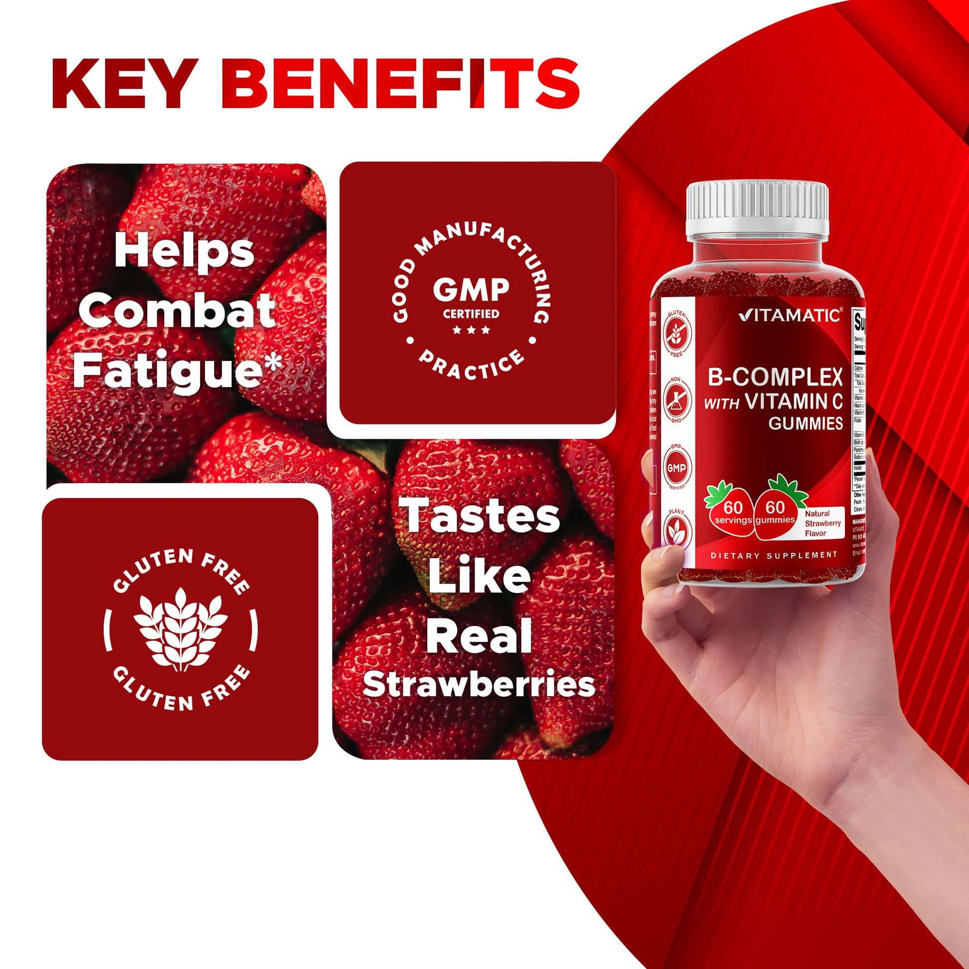 Vitamatic Vitamin B Complex Gummies with Vitamin C & Inositol - Natural Strawberry Flavor - 60 Gummies (1 Bottle) - dailyvitalstore