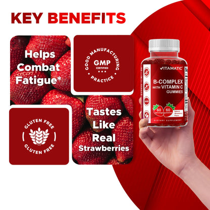 Vitamatic Vitamin B Complex Gummies with Vitamin C & Inositol - Natural Strawberry Flavor - 60 Gummies (1 Bottle) - dailyvitalstore